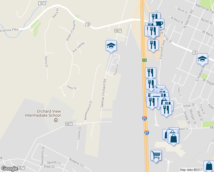 map of restaurants, bars, coffee shops, grocery stores, and more near 2148 Delmar Orchard Road in Martinsburg