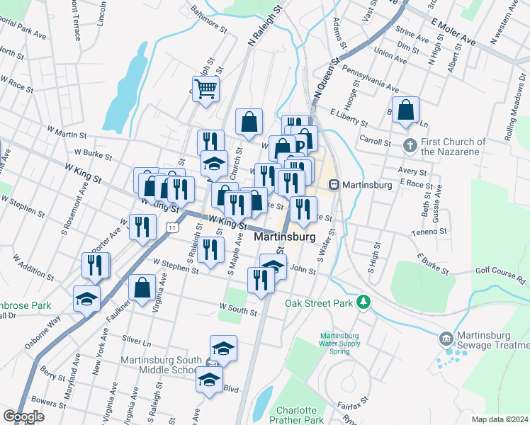 map of restaurants, bars, coffee shops, grocery stores, and more near 109 South College Street in Martinsburg