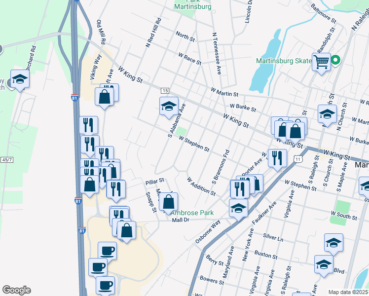 map of restaurants, bars, coffee shops, grocery stores, and more near 402 South Georgia Avenue in Martinsburg