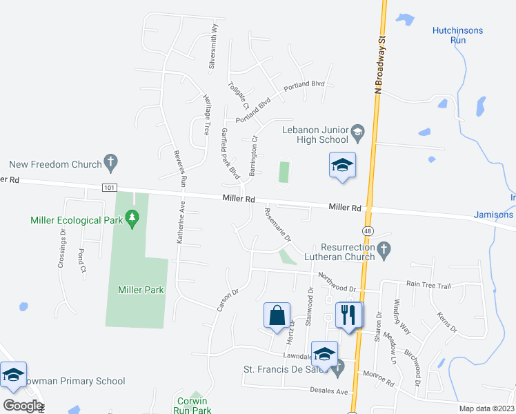 map of restaurants, bars, coffee shops, grocery stores, and more near 215 Miller Road in Lebanon