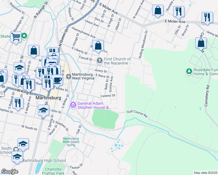 map of restaurants, bars, coffee shops, grocery stores, and more near 210 Gussie Avenue in Martinsburg