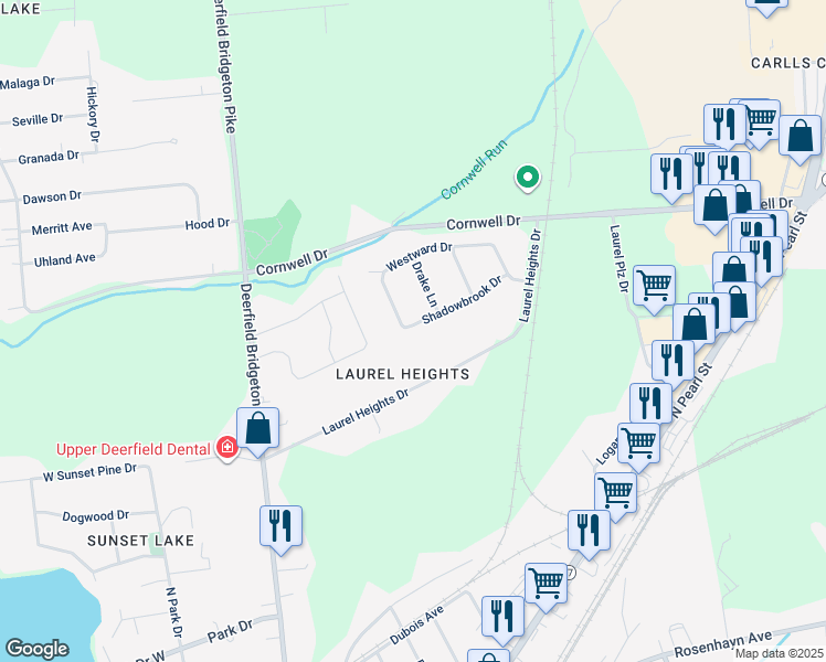 map of restaurants, bars, coffee shops, grocery stores, and more near 19 Shadow Brooke Drive in Bridgeton