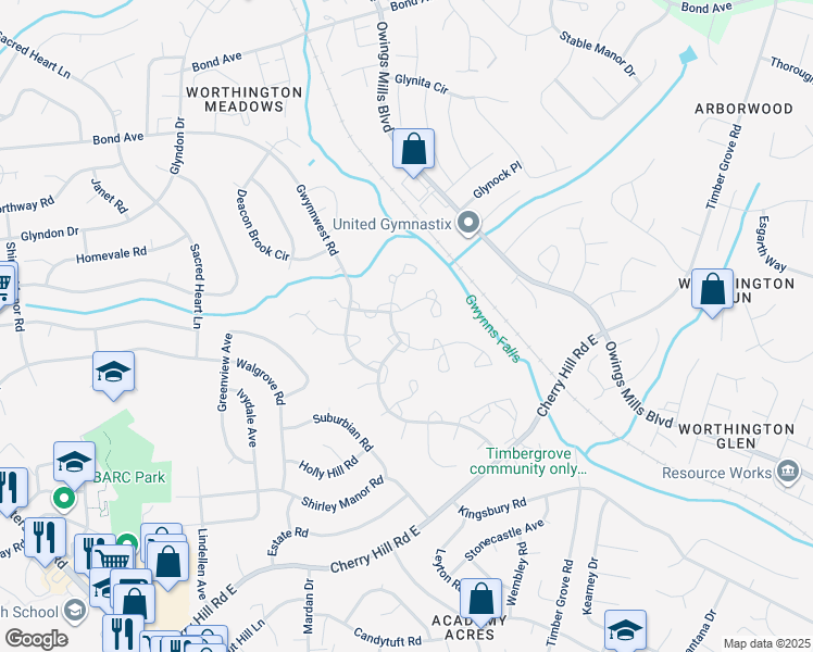 map of restaurants, bars, coffee shops, grocery stores, and more near 8 Empire Court in Reisterstown