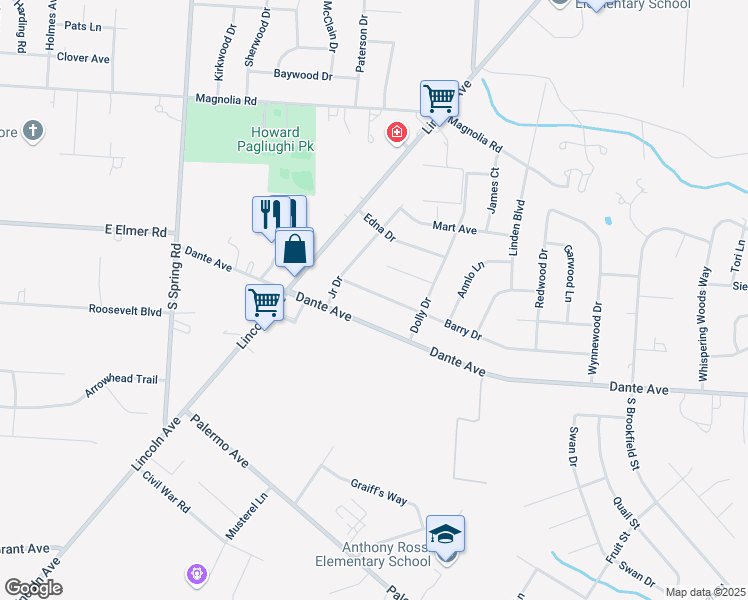 map of restaurants, bars, coffee shops, grocery stores, and more near 2475 Barry Drive in Vineland