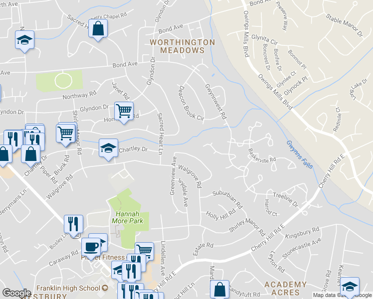 map of restaurants, bars, coffee shops, grocery stores, and more near 39 Greenview Avenue in Reisterstown