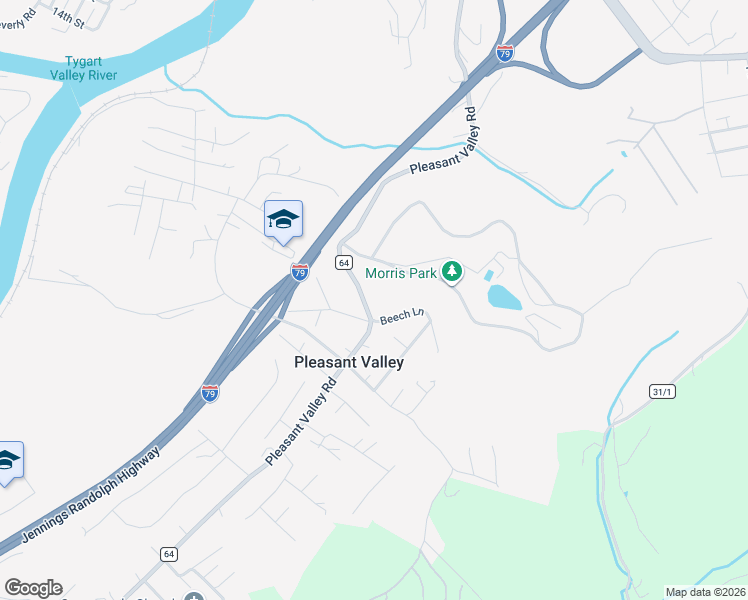 map of restaurants, bars, coffee shops, grocery stores, and more near 1421 Pleasant Valley Road in Fairmont