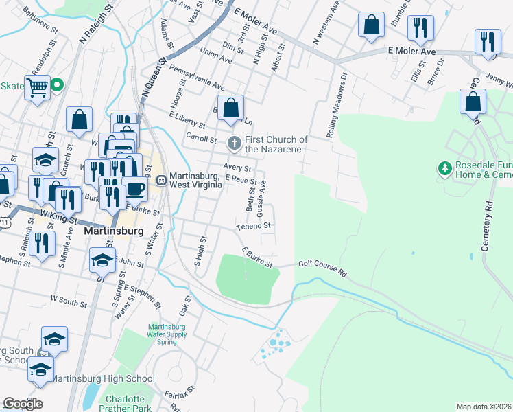 map of restaurants, bars, coffee shops, grocery stores, and more near 210 Gussie Avenue in Martinsburg