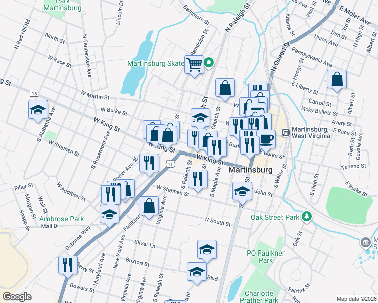 map of restaurants, bars, coffee shops, grocery stores, and more near 502 West King Street in Martinsburg