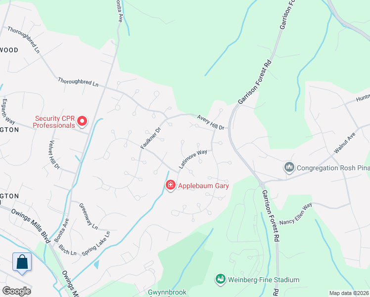 map of restaurants, bars, coffee shops, grocery stores, and more near 18 Latimore Way in Owings Mills