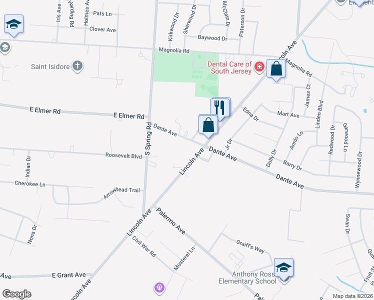 map of restaurants, bars, coffee shops, grocery stores, and more near 1890 South Lincoln Avenue in Vineland
