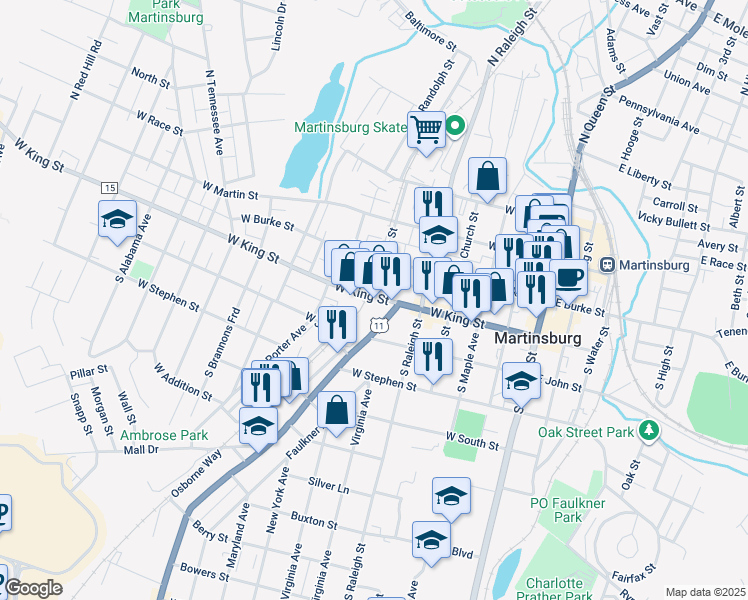 map of restaurants, bars, coffee shops, grocery stores, and more near 531 West King Street in Martinsburg