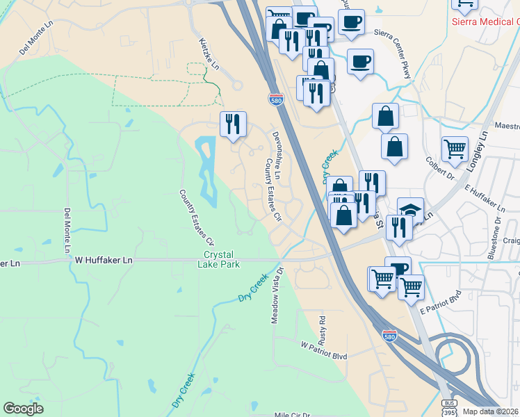 map of restaurants, bars, coffee shops, grocery stores, and more near 7557 Wheeldale Circle in Reno