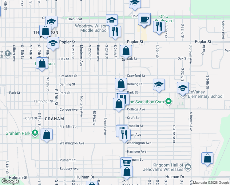 map of restaurants, bars, coffee shops, grocery stores, and more near 2398 Park St in Terre Haute