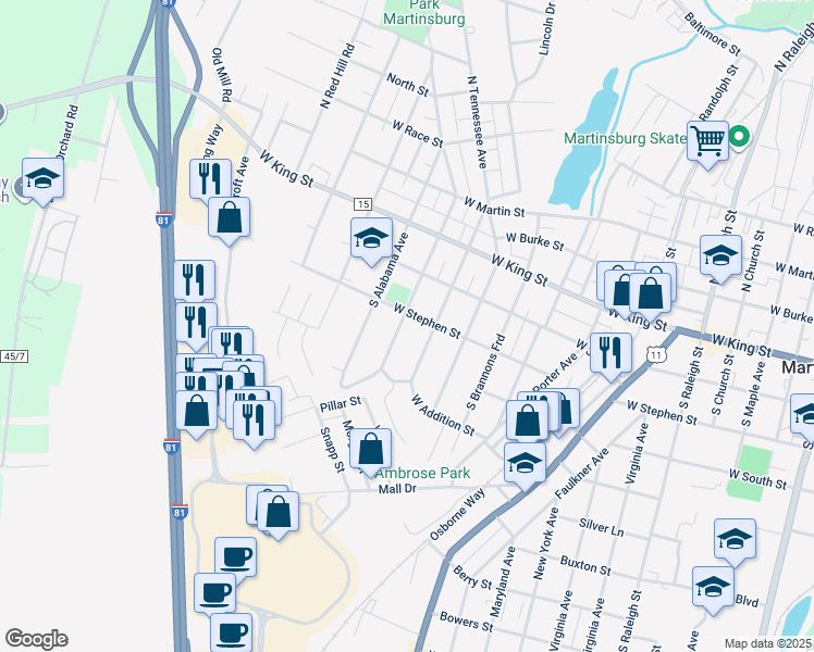 map of restaurants, bars, coffee shops, grocery stores, and more near 402 South Georgia Avenue in Martinsburg
