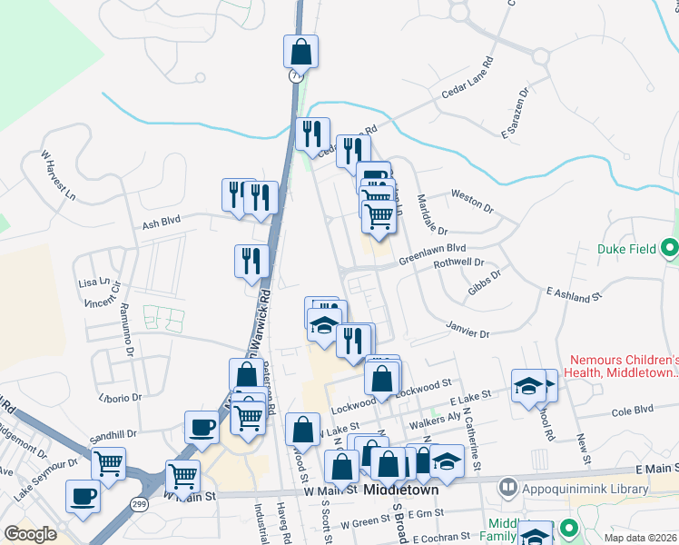 map of restaurants, bars, coffee shops, grocery stores, and more near North Broad Street in Middletown