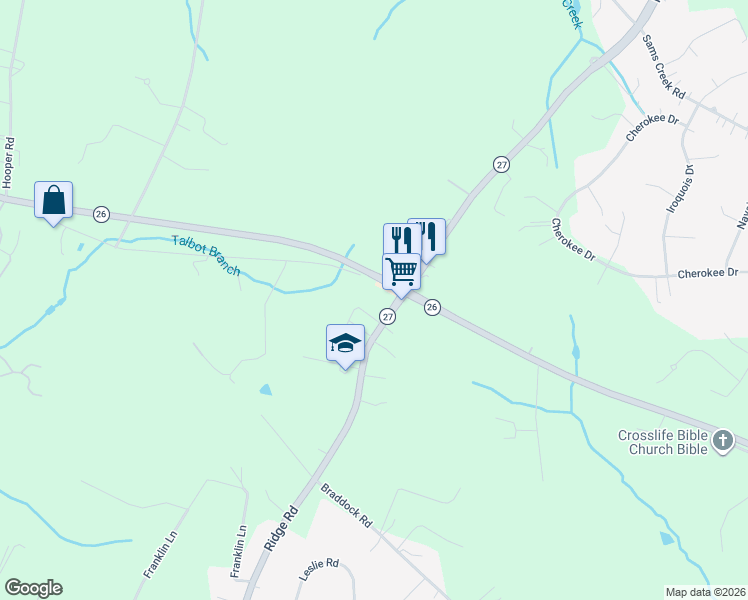 map of restaurants, bars, coffee shops, grocery stores, and more near 4312 Ridge Road in Mount Airy