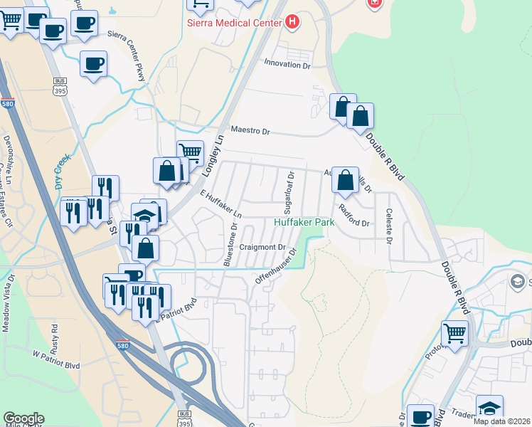map of restaurants, bars, coffee shops, grocery stores, and more near 945 East Huffaker Lane in Reno