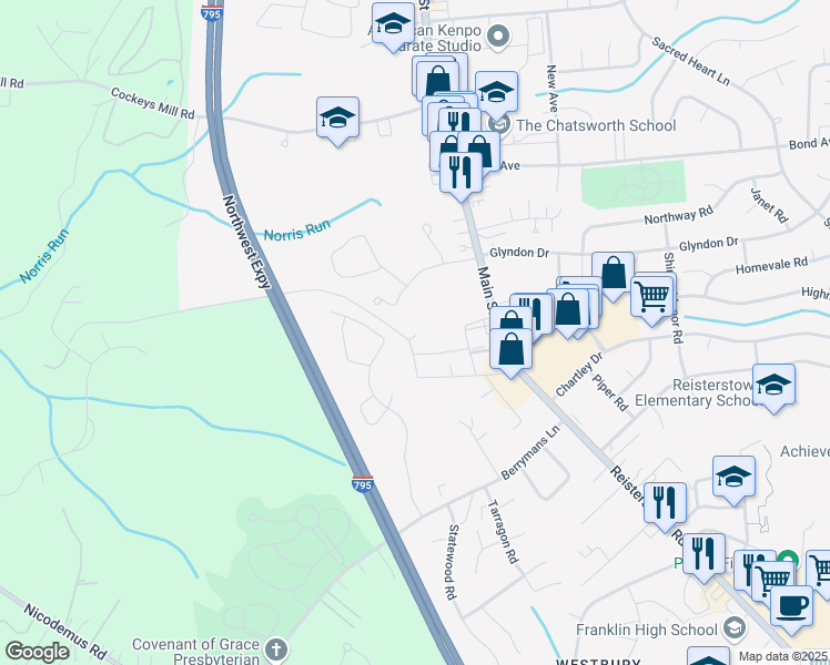 map of restaurants, bars, coffee shops, grocery stores, and more near 44 Stocksdale Avenue in Reisterstown