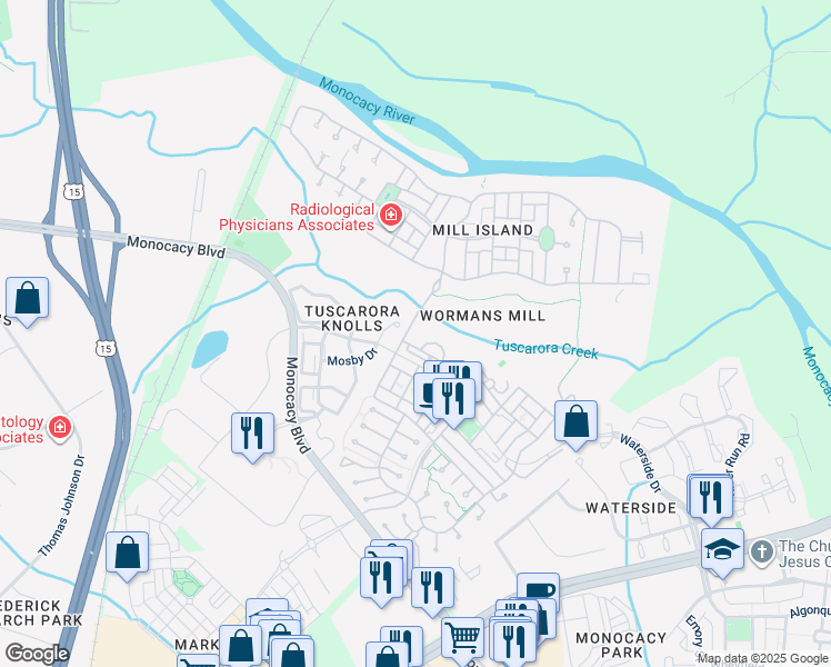 map of restaurants, bars, coffee shops, grocery stores, and more near 2520 Waterside Drive in Frederick
