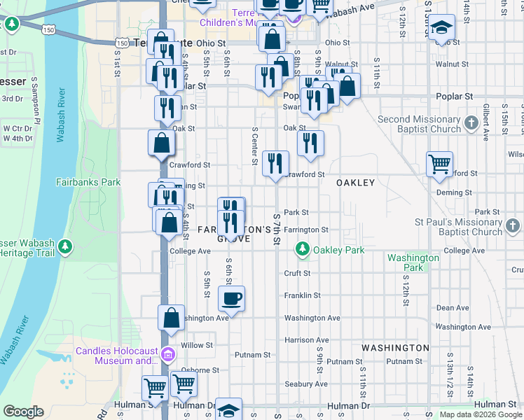 map of restaurants, bars, coffee shops, grocery stores, and more near 655 Park Street in Terre Haute