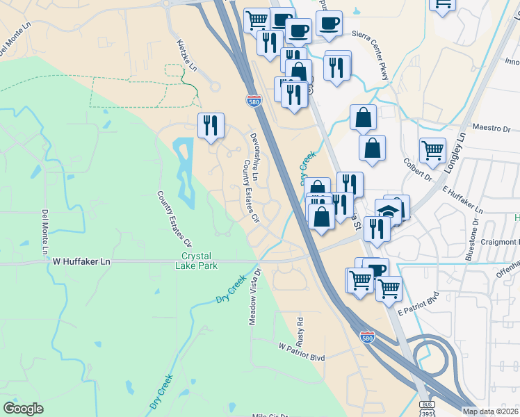 map of restaurants, bars, coffee shops, grocery stores, and more near 7677 Barnsdale Road in Reno