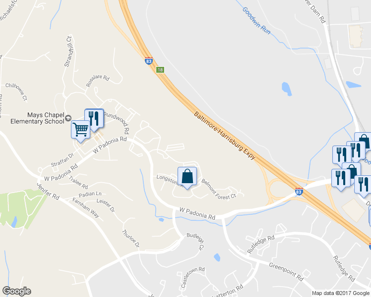 map of restaurants, bars, coffee shops, grocery stores, and more near 100 Cormer Court in Lutherville-Timonium