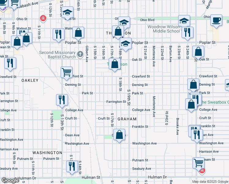 map of restaurants, bars, coffee shops, grocery stores, and more near 830 South 17th Street in Terre Haute