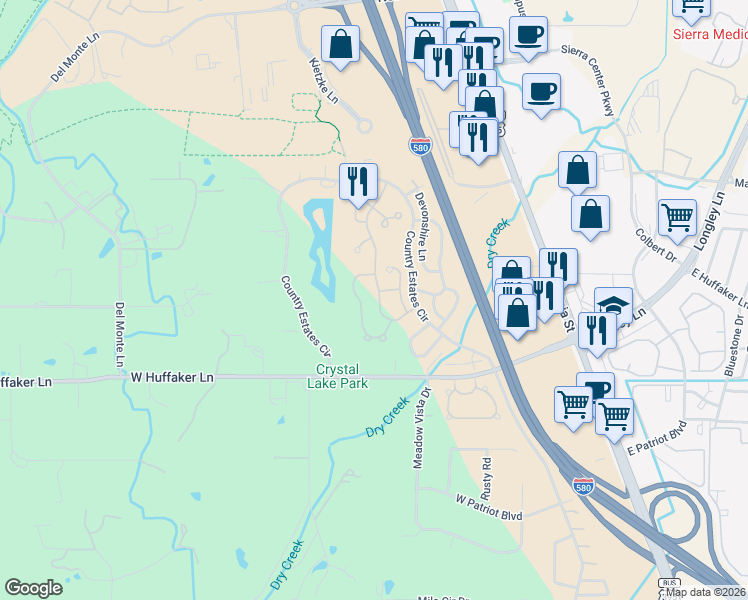 map of restaurants, bars, coffee shops, grocery stores, and more near 7545 Whimbleton Way in Reno