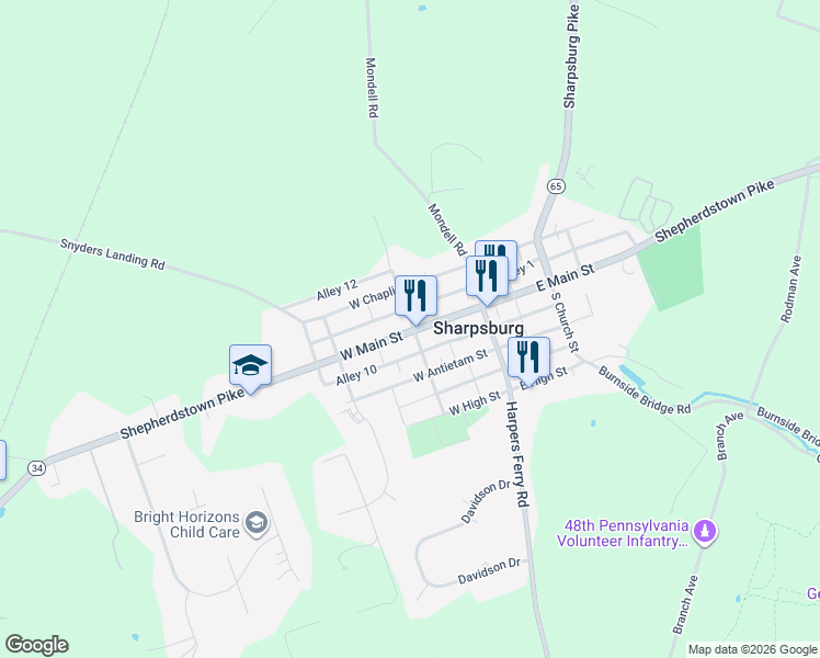 map of restaurants, bars, coffee shops, grocery stores, and more near 201 West Main Street in Sharpsburg