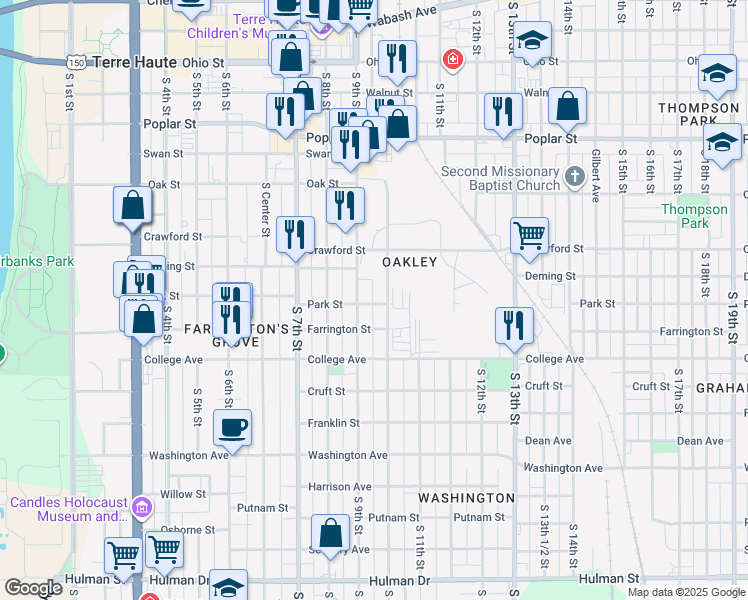 map of restaurants, bars, coffee shops, grocery stores, and more near 930 Park Street in Terre Haute