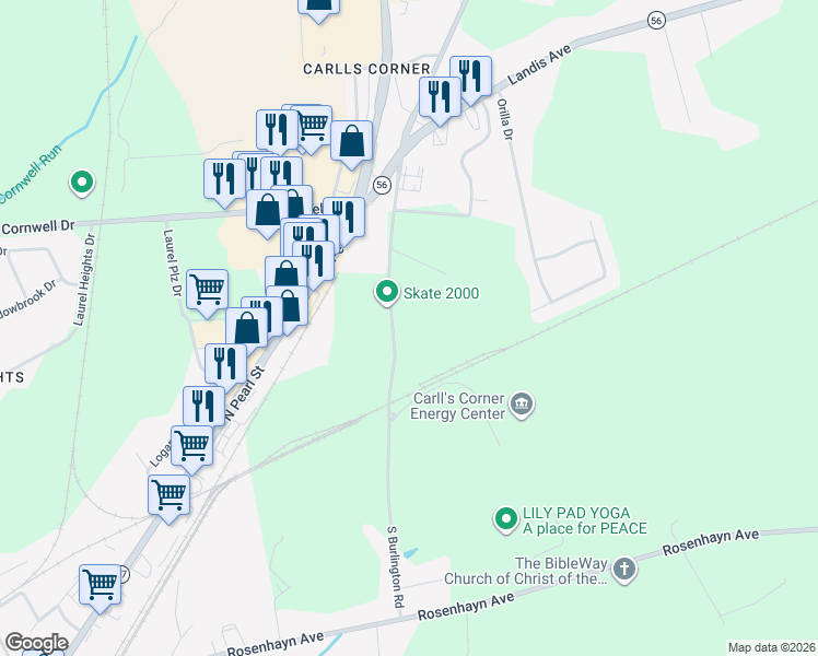 map of restaurants, bars, coffee shops, grocery stores, and more near 1737 South Burlington Road in Bridgeton