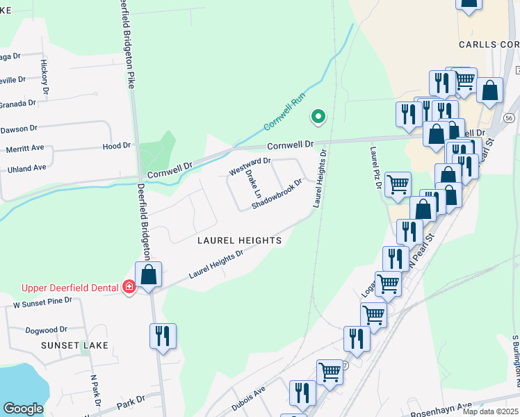 map of restaurants, bars, coffee shops, grocery stores, and more near 19 Shadow Brooke Drive in Bridgeton