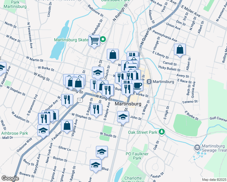 map of restaurants, bars, coffee shops, grocery stores, and more near 106 South Maple Avenue in Martinsburg