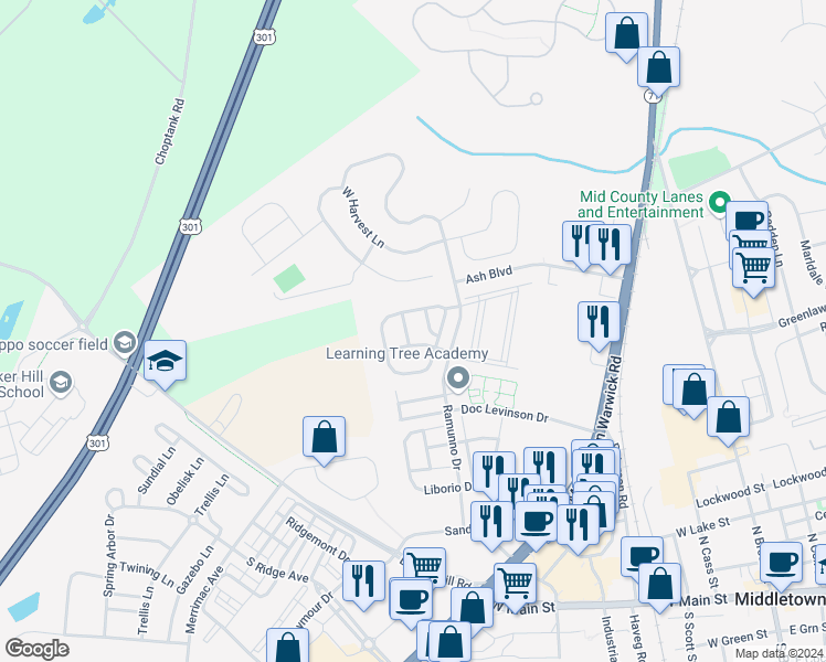 map of restaurants, bars, coffee shops, grocery stores, and more near 517 Sally Lane in Middletown
