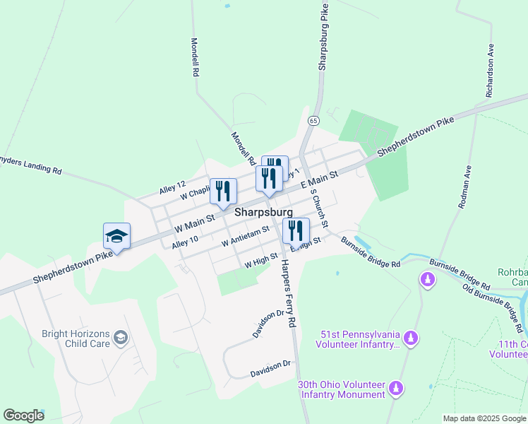 map of restaurants, bars, coffee shops, grocery stores, and more near in Sharpsburg
