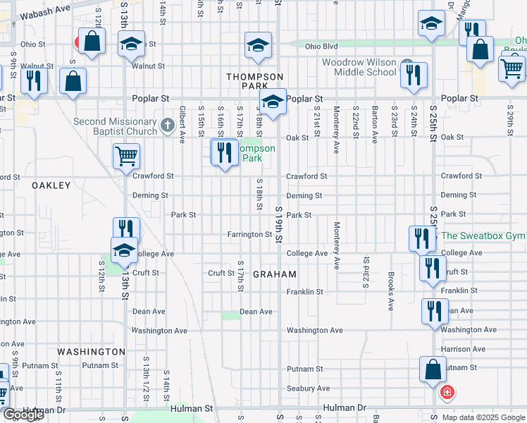 map of restaurants, bars, coffee shops, grocery stores, and more near 1816-1898 Park Street in Terre Haute