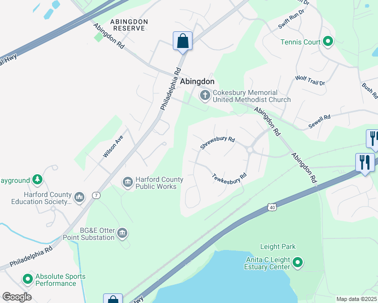 map of restaurants, bars, coffee shops, grocery stores, and more near 1205 Aldershot Court in Abingdon