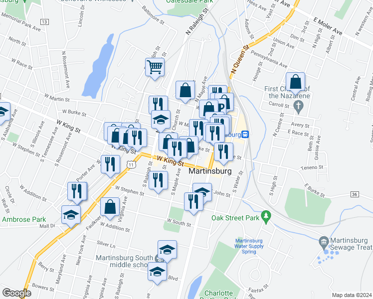 map of restaurants, bars, coffee shops, grocery stores, and more near 104 South Maple Avenue in Martinsburg