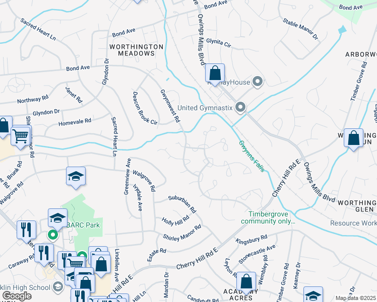 map of restaurants, bars, coffee shops, grocery stores, and more near 603 Brickston Road in Reisterstown