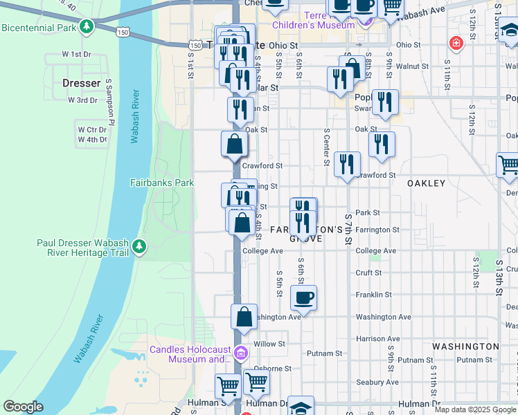 map of restaurants, bars, coffee shops, grocery stores, and more near 904 S 4th St in Terre Haute