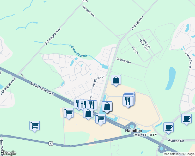 map of restaurants, bars, coffee shops, grocery stores, and more near 2678 Woodlands Drive in Hamilton Township