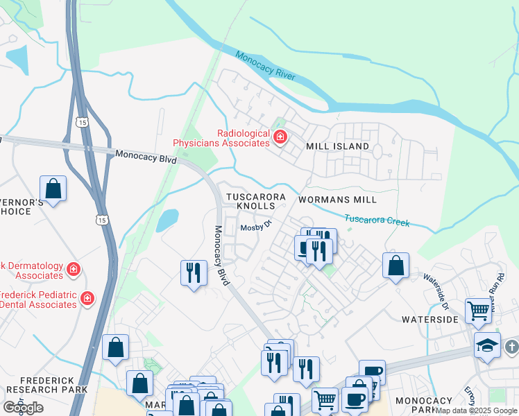 map of restaurants, bars, coffee shops, grocery stores, and more near 807 Jubal Way in Frederick