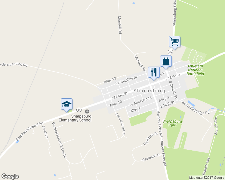 map of restaurants, bars, coffee shops, grocery stores, and more near 224 West Chapline Street in Sharpsburg