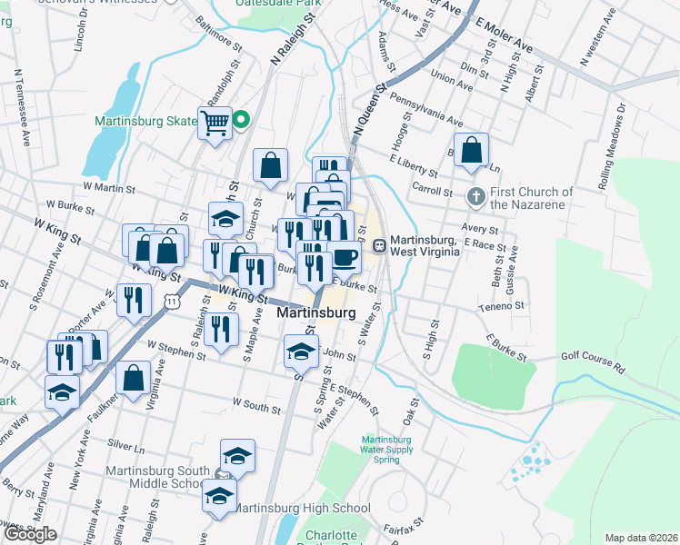 map of restaurants, bars, coffee shops, grocery stores, and more near 117 East Burke Street in Martinsburg