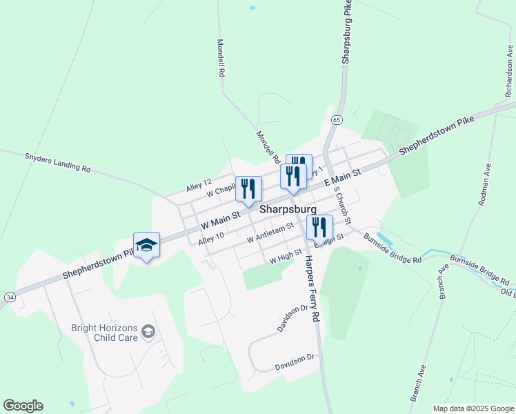 map of restaurants, bars, coffee shops, grocery stores, and more near Maryland 34 in Sharpsburg