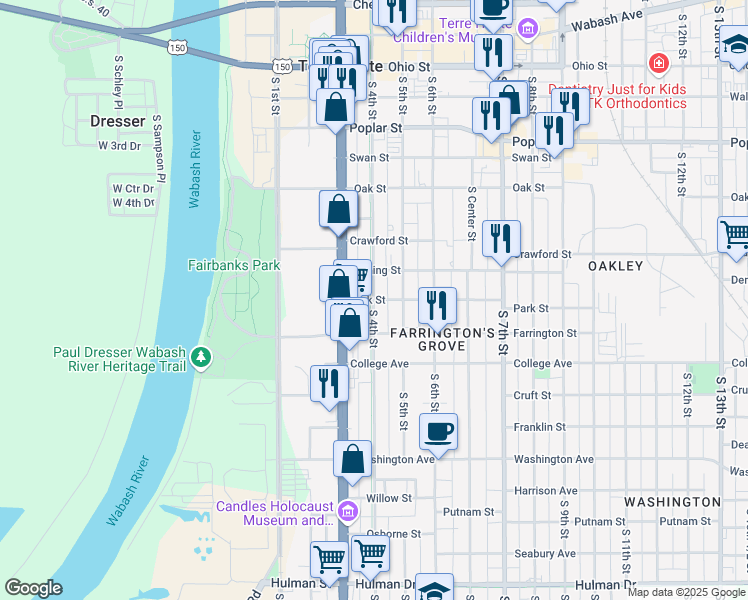 map of restaurants, bars, coffee shops, grocery stores, and more near 900 South 4th Street in Terre Haute