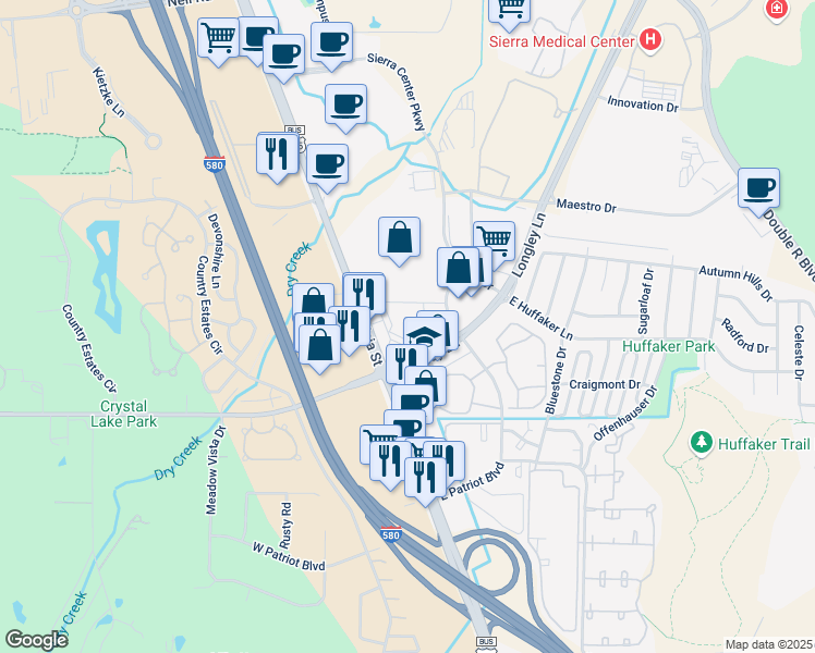 map of restaurants, bars, coffee shops, grocery stores, and more near in Reno