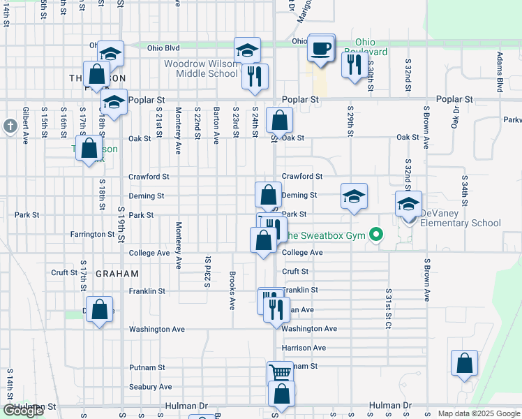 map of restaurants, bars, coffee shops, grocery stores, and more near 2406 Park Street in Terre Haute