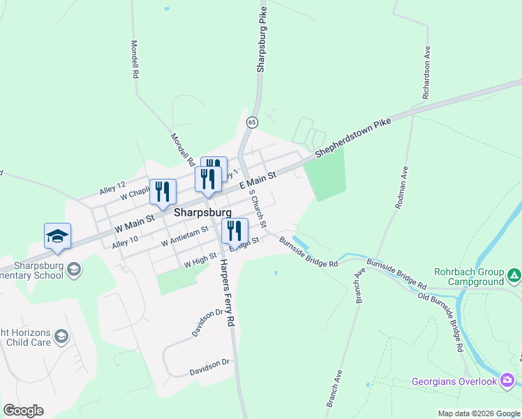 map of restaurants, bars, coffee shops, grocery stores, and more near 200 West Antietam Street in Sharpsburg