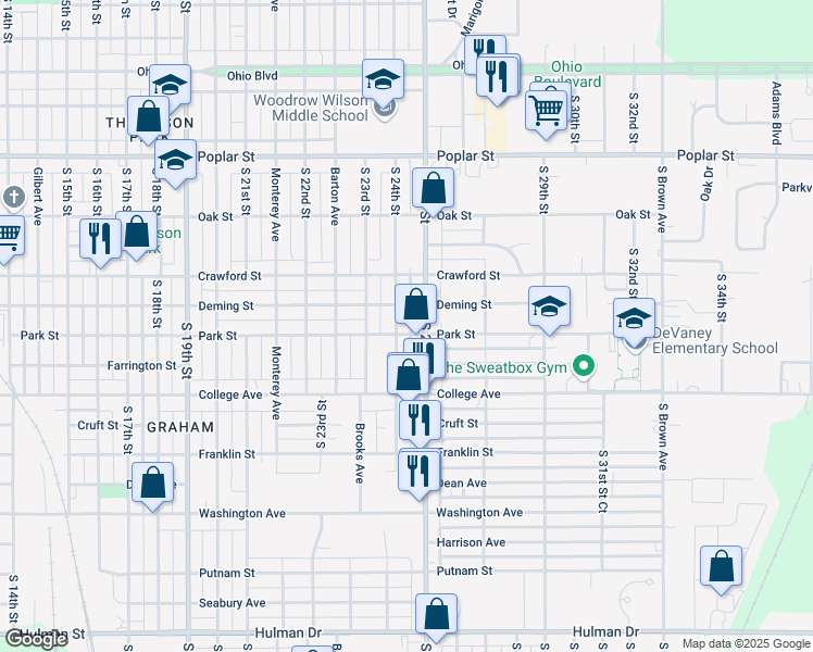 map of restaurants, bars, coffee shops, grocery stores, and more near 2406 Park Street in Terre Haute